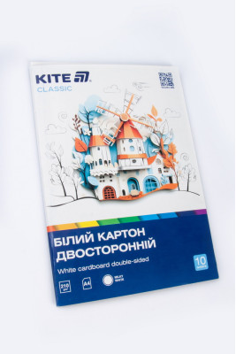 Картон білий двосторонній формату А4, 10 аркушів, щільність 210 г/м² для школи, аплікацій та творчості KITE